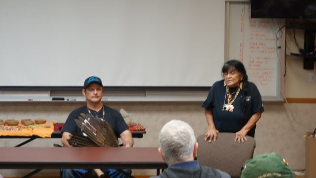 Mildred Burley, Tribal Elder, introduces herself to those in attendance. Also pictured is Tribal Sweat Leader Daryl Burley, whom attended in representation of the Tribe.