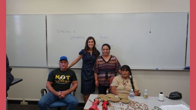 Here tribal representatives and university officials  pose for a picture taken at the end of the class. Seated from left to right:nCVMT representative Tiger Paulk, Tribal elder/atisian/ cultural representative Mildred Burleyn nStanding left to right: University of the Pacific Professor Mariela Guzman and the Professor's assistant.
